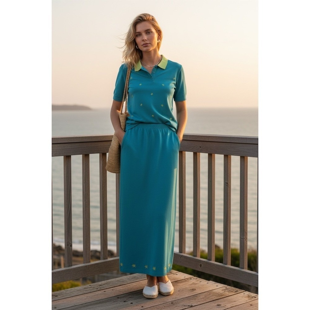 The Quacker Factory 2pc Skirt Set XL Blue Polo Top Maxi Turtle coastal grandma